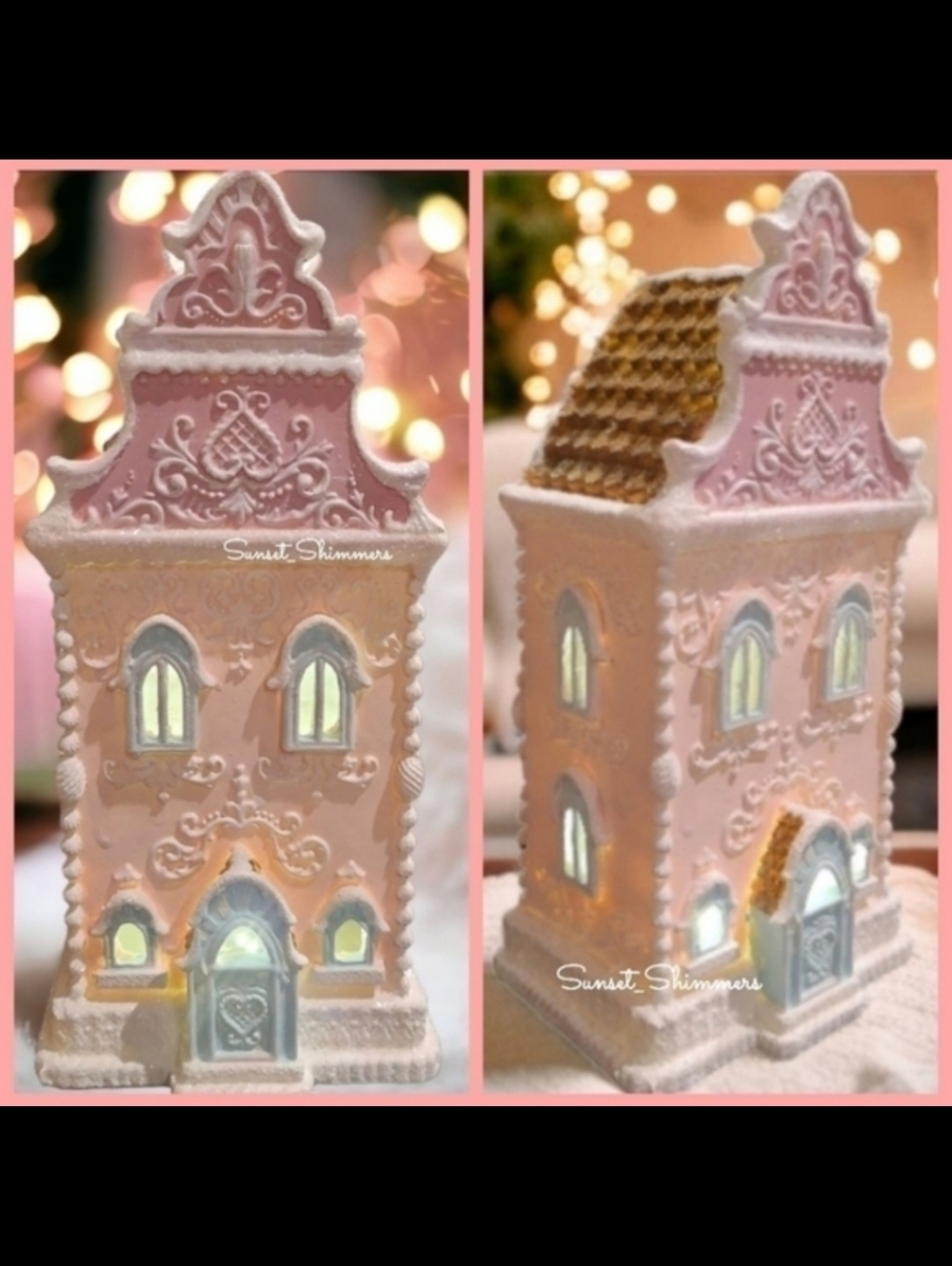 13.5" PINK Glitter Icing Scrollwork LED Lighted Victorian Gingerbread House New